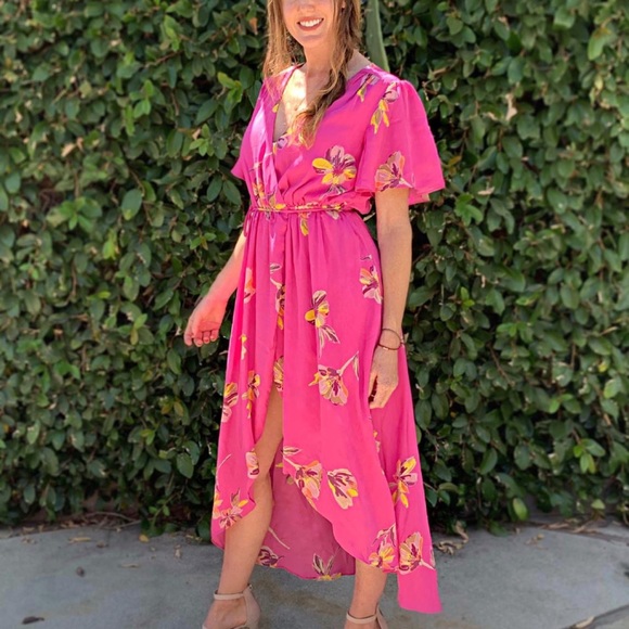 Short Sleeve Floral Print High-Low Wrap Dress - Picture 3 of 6